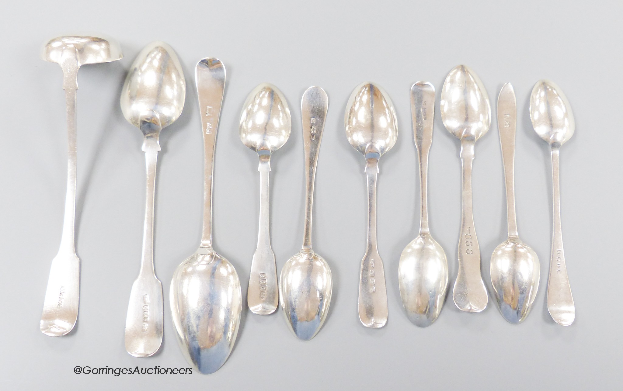 Two 19th century Scottish provincial Dundee silver dessert spoons, (William Kermath and Alexander Cameron), a toddy ladle, Alex Cameron and seven similar teaspoons, (William Constable, William Scott, Alex Cameron, David